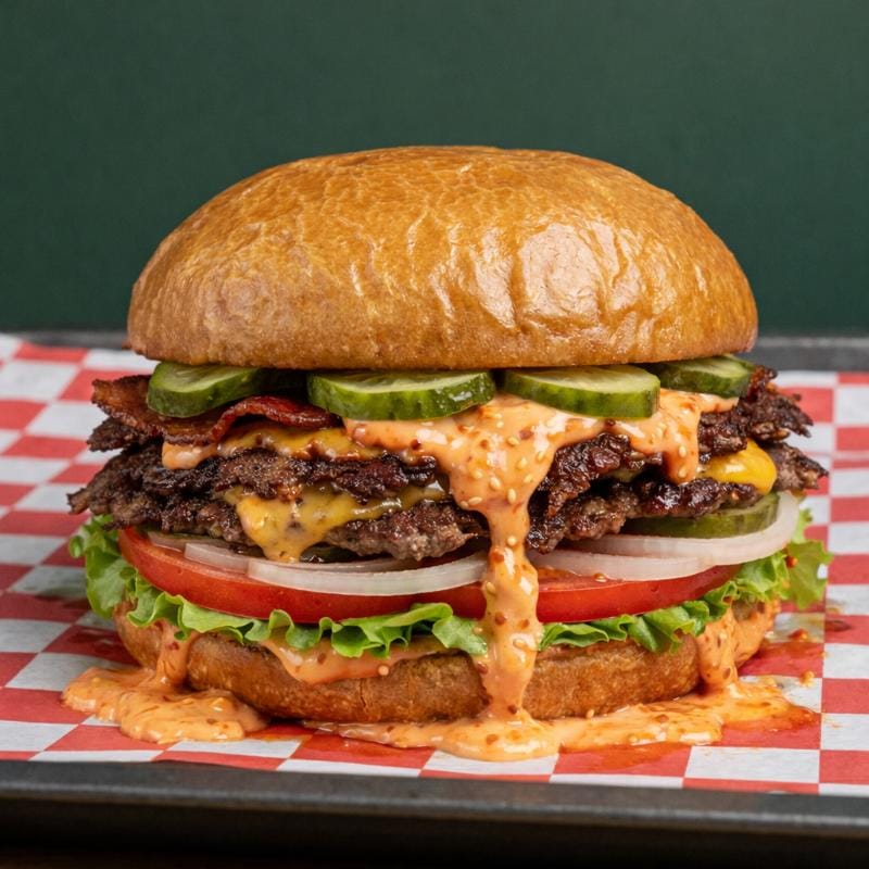 Big Tasty Smash Burger with double bacon, lettuce, tomato and onion in Ubud