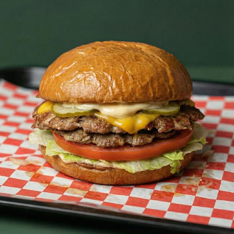 Chicken smash burger with chicken thigh, tomato, lettuce and Belgian mayo in Ubud