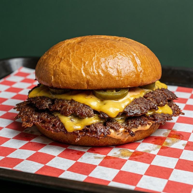 Chili Cheese smash burger with jalapenos, melted cheese and spicy mayo in Ubud