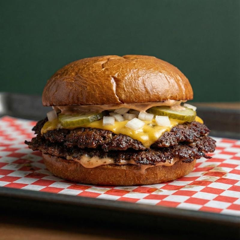 Smash burger with melted cheese, pickles and house sauce in Ubud