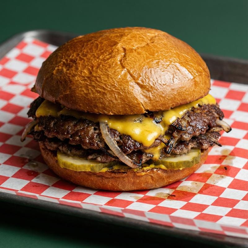 Oklahoma smash burger with grilled onions and melted cheese in Ubud